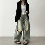 Andy Knee Damage Cutting Deep Washed Denim Wide Pants