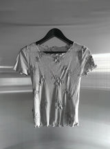 ブルーフラワー刺繍半袖Tシャツ