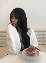 Nancy Henley Neck Button Round Patch Wool Knit