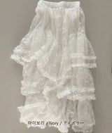 Aronoi Sheer Asymmetrical Floral Lace Tiered Skirt (2 Colors)