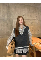 French checkered pocket loose fit long-sleeved shirt
