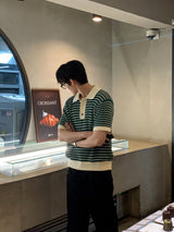LMN Coloring Stripe 3 Button Collar Short Sleeve Knitwear (3 Colors)
