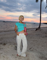 linen white low bootcut jeans