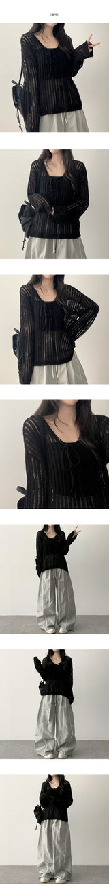 ペッパーシャーリングシースルーVロングスリーブニットウェア