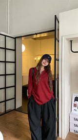 Round button waffle long-sleeved t-shirt