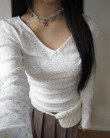 Rome Floral Ribbon V-Neck Long-Sleeve T-Shirt