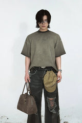 パッチワークウォッシュドルーズグレーTシャツ