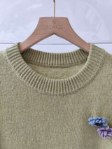 Tours Flower Decor Round Neck Wool Short Sleeve Knit