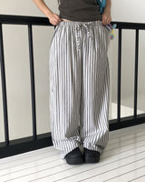 サテンリネンストライプワイドバンディングロングパンツ