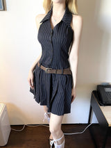 1280. Stripe halter low belt pleats mini ops