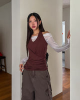 Ruffle see-through shirring drape long sleeve