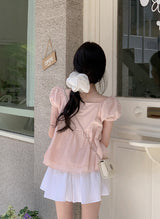 #PR Chiffon シャーリング半袖ブラウス (3color)