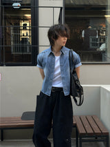 LMN インシジョンクロップドマッスルフィットデニム半袖シャツ (2 colors)