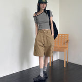 Sor アンバランスドストライプリボンワンショルダー半袖Tシャツ