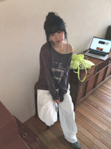 ガウス ルーズフィット プリンティング オフショルダー ロングスリーブ Tシャツ