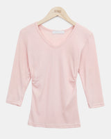 Nilon V-Neck Side-Shirring 7-Sleeve T-Shirt