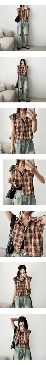 Lang2 String Cropped Check Short-Sleeved Shirt