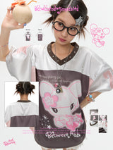 BETBEENANDx サマーシルバーオーバーサイズスプライスショートスリーブTシャツ