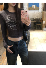 ビーズプリンテッドシースルーロングスリーブTシャツ