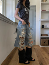 Raw Destroyed Bermuda Denim Pants