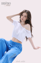 クラッシュワイドビーズネックショートスリーブTシャツ