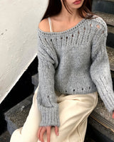 Renu Punching Round Neck Loose Fit Long Sleeve Long Knit