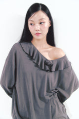 Rose Brooch Frill Long Sleeve Charcoal