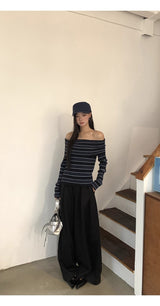 ストライプ スリム オフショルダー 長袖 ニット Tシャツ