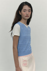 RIBBON CROCHET CROP KNIT VEST [SKY]