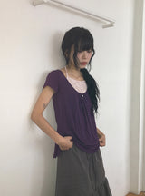 Hiwaku Flower Sleeveless Layered Shirring Short Sleeve Tee