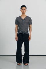 Sheer stripe ribbed henley half sleeve(Black)