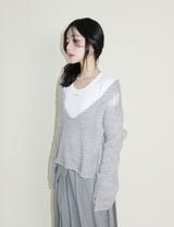 open stud U-neck round long-sleeved T-shirt