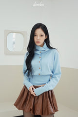 Sky blue high-neck button long-sleeved knitwear