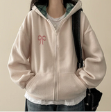 Check lining ribbon fleece hooded zip-up