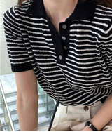 Slow Collar Striped Short Sleeve Knit / 5 Colors