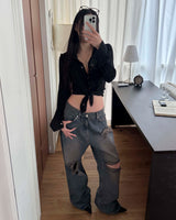 [Unisex] ダークダメージデニムパンツ
