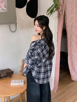 #Deep Blue Vintage Check Loose Shirt