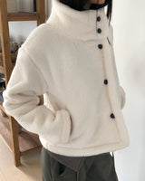 Haking High-Neck Button Sherpa Fur Loose-Fit Jumper