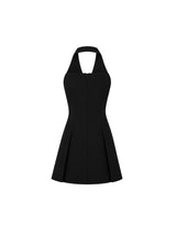Isolde Halter Neck Belt Pintuck Pleated A-Line Mini Dress Black