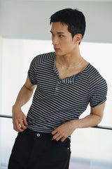 Sheer stripe ribbed henley half sleeve(Black)