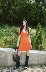orange deep V-neck halter neck mini dress