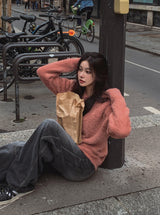 Blow angora round knitwear