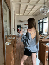 Boxy loose fit unbalanced shoulder long-sleeve T-shirt