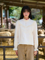 High-Neck Lace-Frill Blouse (Beige)