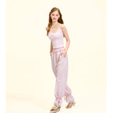 [GirlyFancyClub] Pink Tencel Linen Pants for Women Lazy Comfortable Dual-Wear Elastic Waist Straight Leg Carrot Pants