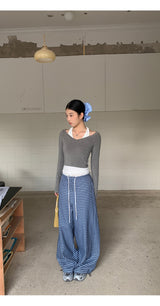Blue Check Wide Casual Pants