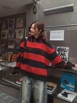 Stripe cable hood warmer knitwear