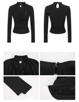 Black Chic Shimmering Halterneck Long-Sleeved T-Shirt