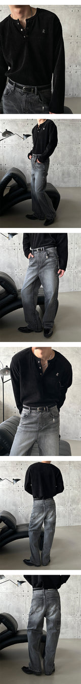 [S-XL] All brush carpender patch denim pants