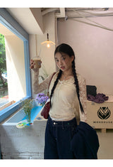 Lace shirring two-piece long-sleeved blouse T-shirt